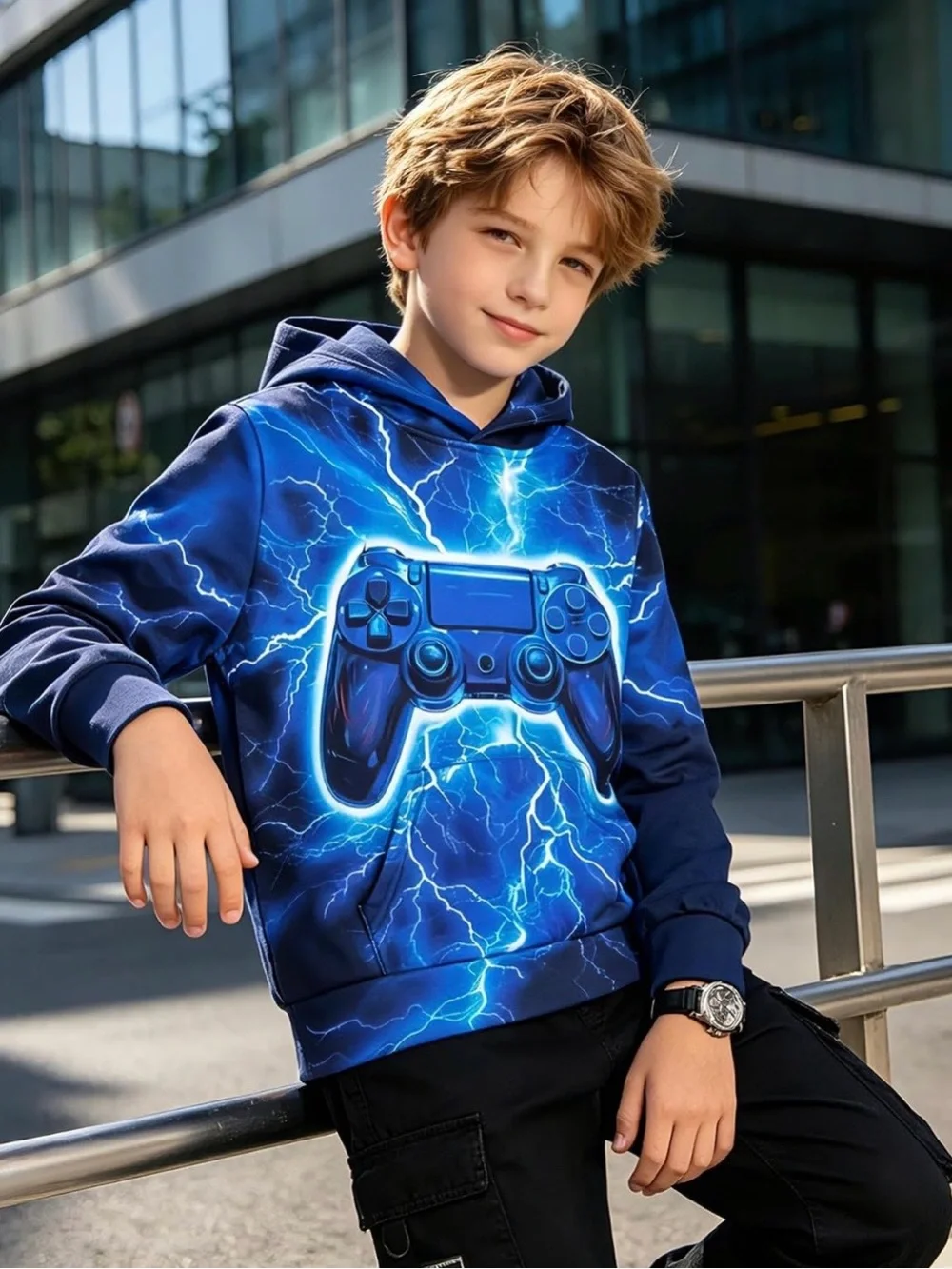 Blue Gamer Controller Hoodie for Kids - Electric Lightning Design size 14-16